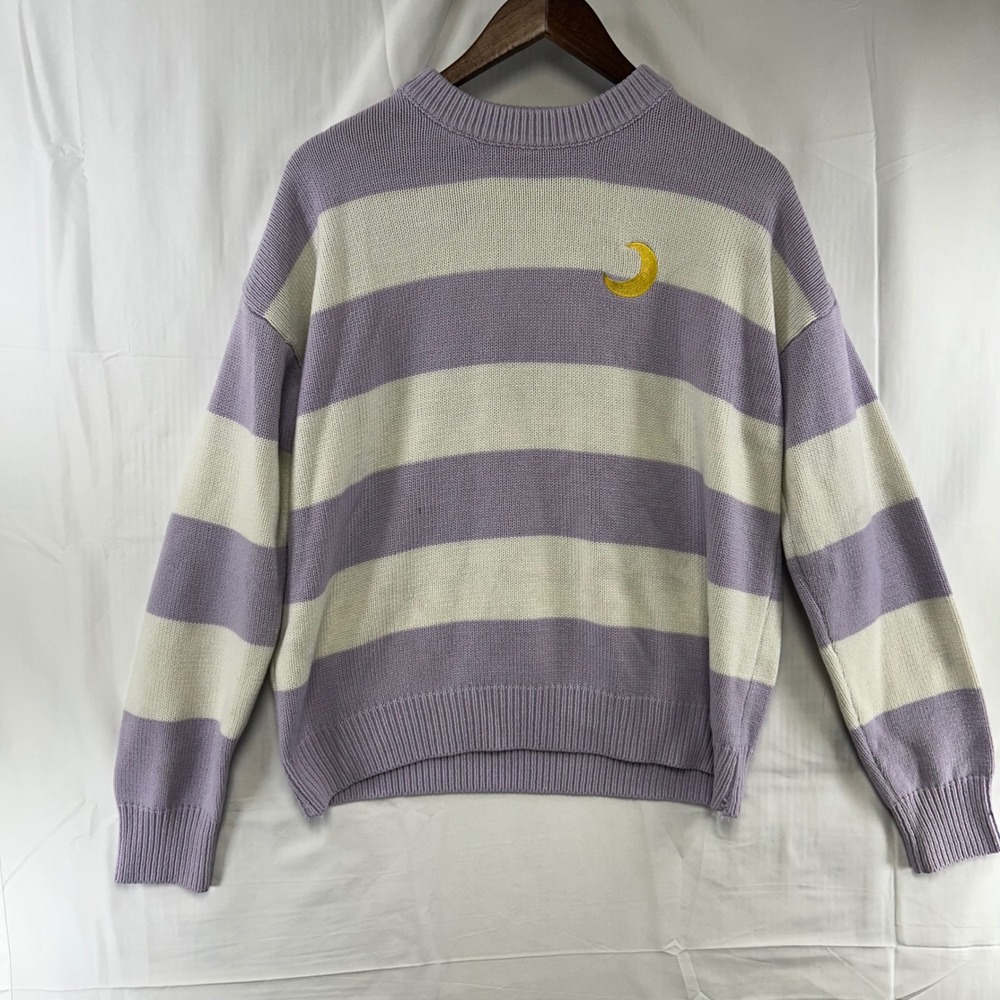 Miss Sumey Sweater Womens One Size Purple White Striped Moon Embroidery Pullover